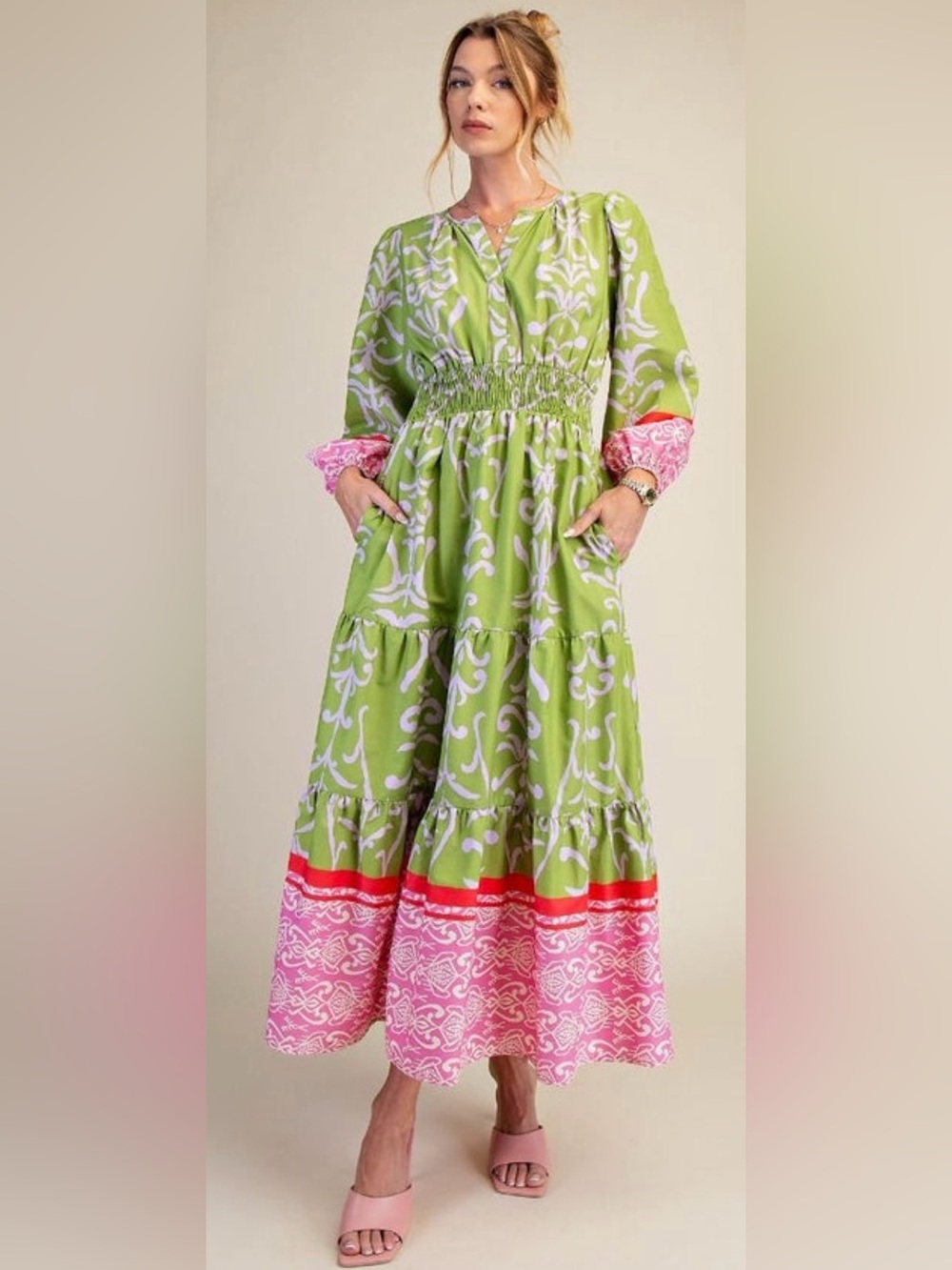 EASEL 3/4 Sleeve Border Print maxi “green bean” sz M